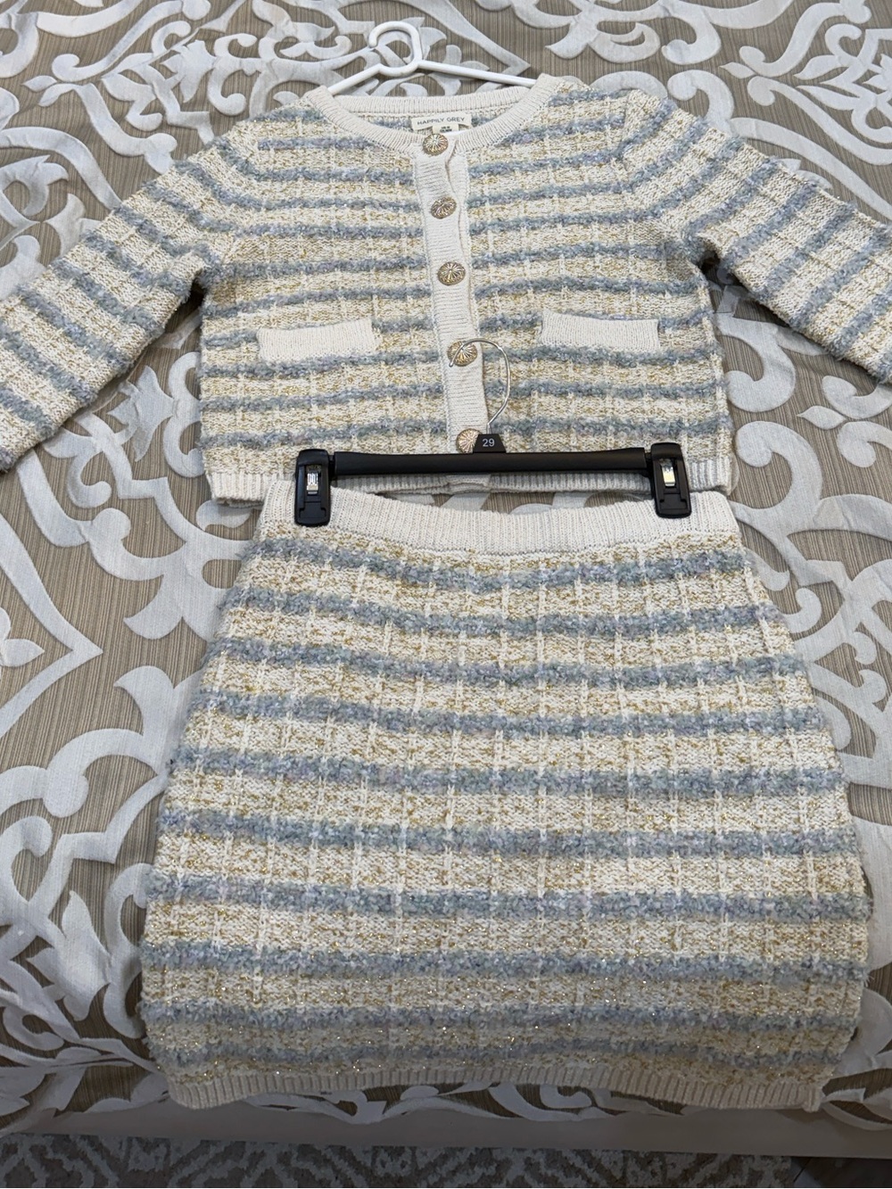 Girls Cream & Light Blue Striped Knit Cardigan and Skirt Set